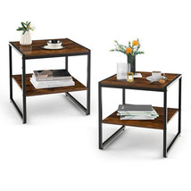 2 Pieces Industrial 2-Tier Side Table Set with Open Shelf-Rustic Brown -... - £62.54 GBP