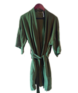 Vintage 70&#39;s Dark Green Men&#39;s Short Kimono Open Bathrobe With Belt Velou... - £36.78 GBP