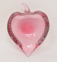 Murano Glass Pink Strawberry Heart Shaped Controlled Bubbles Bowl Dish Cranberry - $56.43