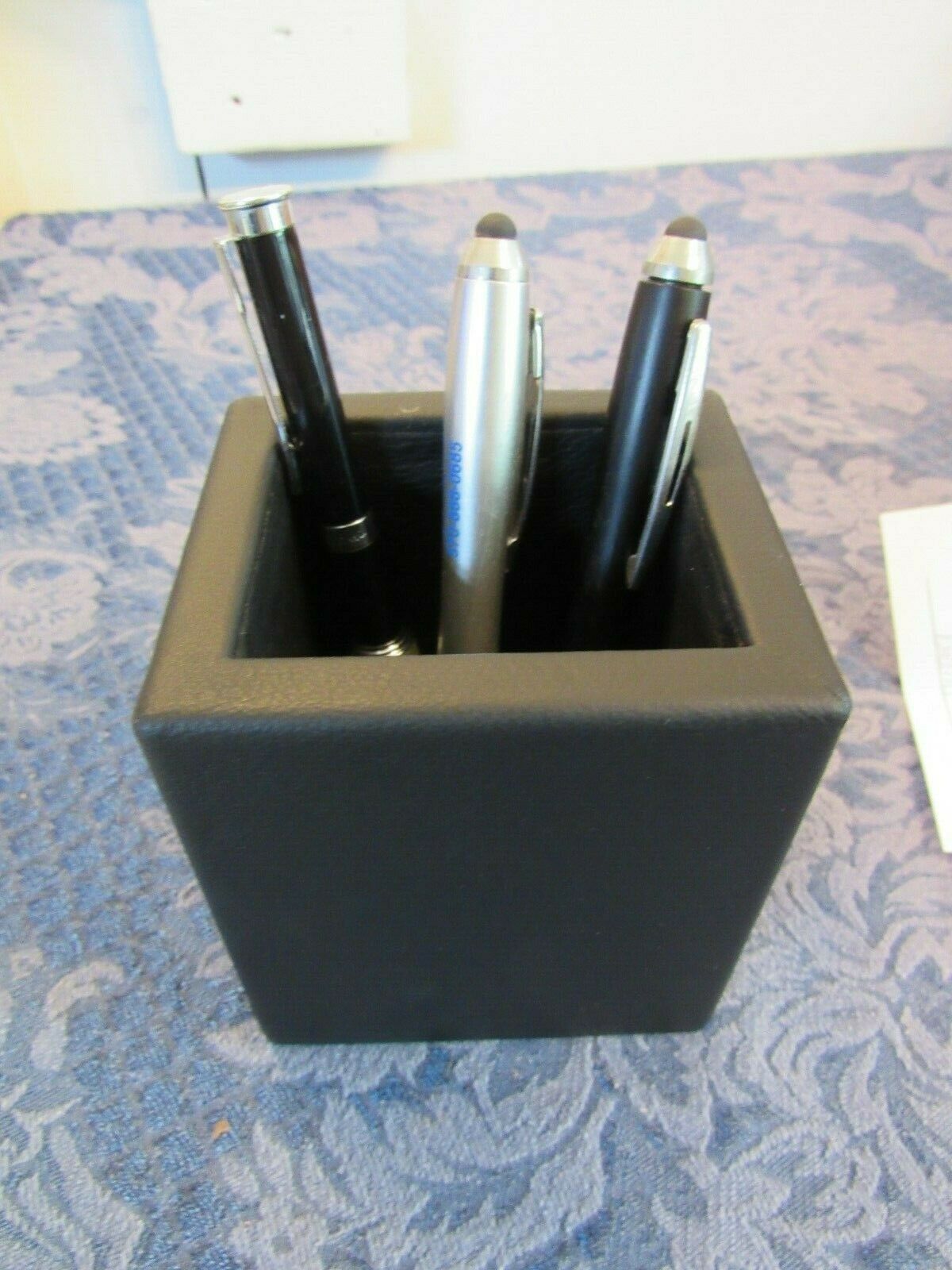 Black Leather Desk Office Table Organizer Supplies Pen Pencil Holder Sto... - $9.98