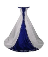 White and Royal Blue Off the Shoulder A Line Beaded Embroidery Wedding Dresses - $189.99