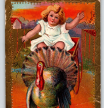 Thanksgiving Postcard Girl Riding Turkey Cart Embossed Fantasy Many CREASES - £5.19 GBP