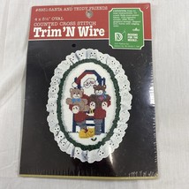 Vintage Christmas Counted Cross Stitch Trim N Wire Santa Teddy Friends Oval 8931 - £5.13 GBP