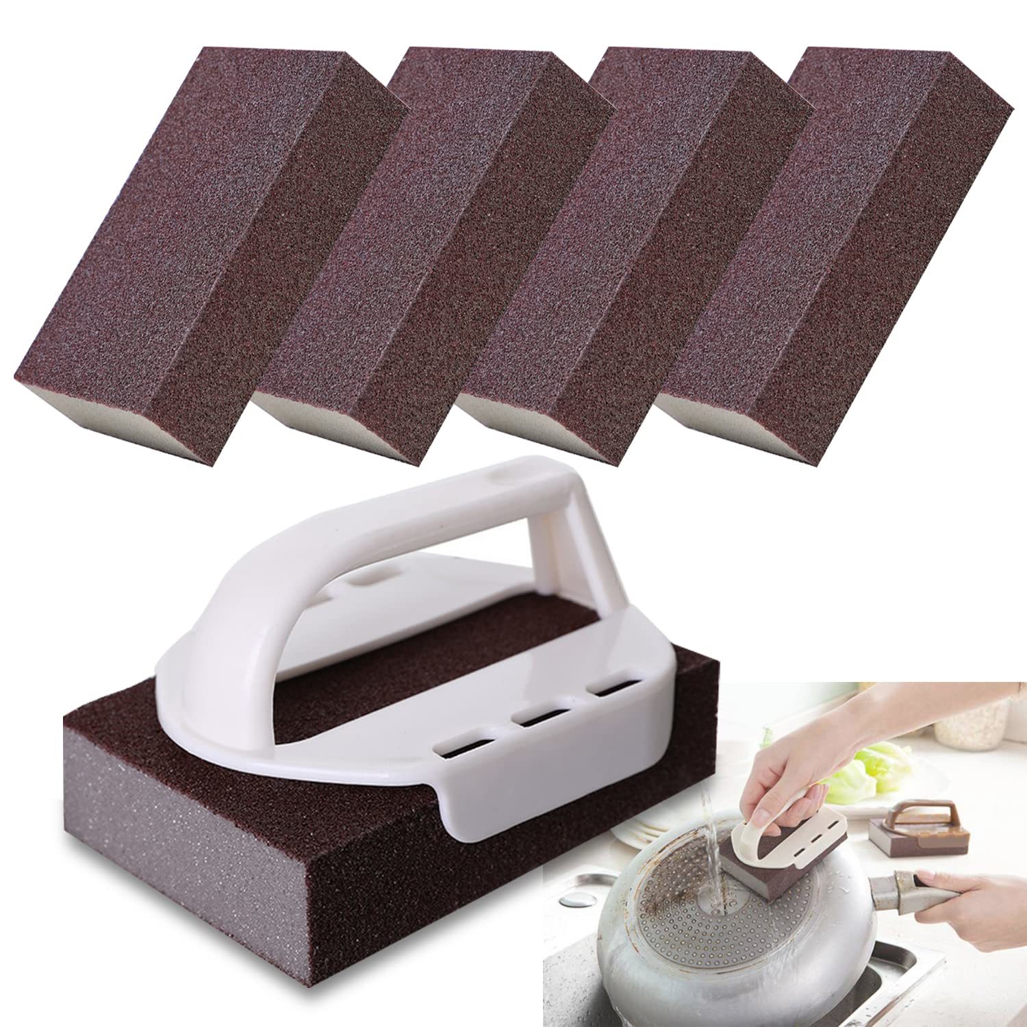 Nano Carborundum Sponge,4/8Pc Emery Sponge Kitchen Pot Brush With Handle,Magic E