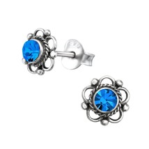 Flower Sapphire Crystal 925 Silver Stud Earrings - £11.19 GBP