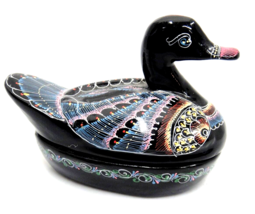 Enamel Duck Box Hand Painted Duck on Nest Black Lacquer 3.75&quot; - £10.00 GBP