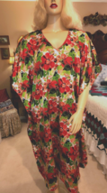 Silky Red Satin Floral Kaftan Robe Hostess Gown Nightgown Loungewear One Size - £10.08 GBP