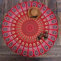Traditional Jaipur Round Red Color Peacock Feather Mandala Throw Tapestry, Hippi - £20.77 GBP