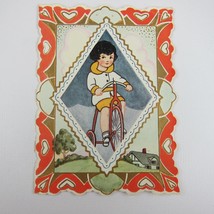 Vintage Valentine Card Die cut Bifold Boy Rides Red Tricycle Bike Heart Embossed - £6.42 GBP