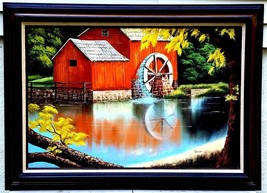 Vintage Art Oil on Canvas Painting Water Mill Signed Beautiful art work ... - £112.41 GBP