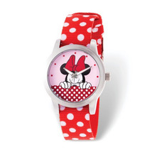 Disney Adult Minnie Mouse Silver-tone Red Polka Dot Nylon Band Watch - £51.55 GBP