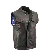 Men&#39;s Motorcycle Vest Black Premium Leather Red Stitching Vest LKM3780 - €107,00 EUR+