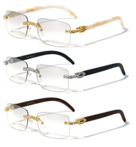 Slim Rimless Rhinestone Rectangular Sunglasses Metal Faux Wood Buff Square Retro - £7.95 GBP