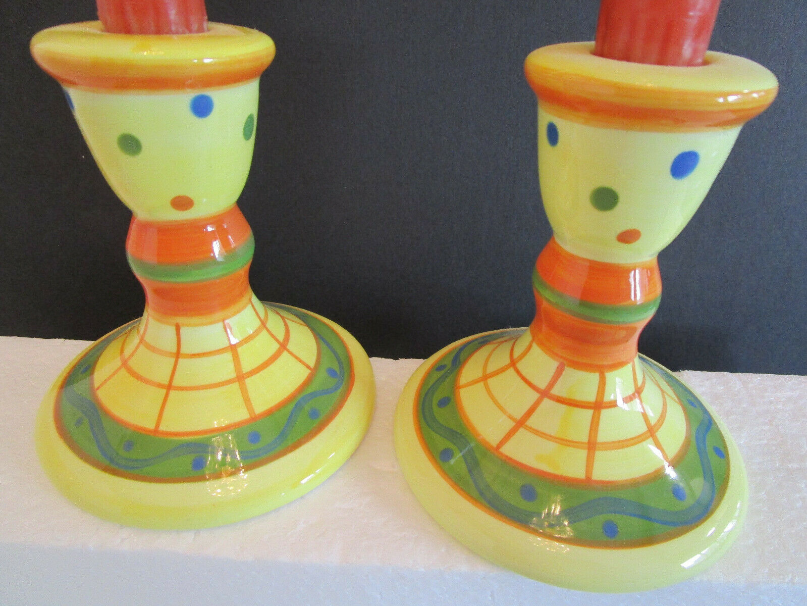 Pair Vintage Ceramic Candlesticks. Yellow Orange polka dots. - $16.95