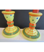 Pair Vintage Ceramic Candlesticks. Yellow Orange polka dots. - £13.50 GBP