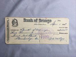 The Bank Of Orange - Orlando Florida FL FLA  1919 Obsolete Check USED CA... - $19.78
