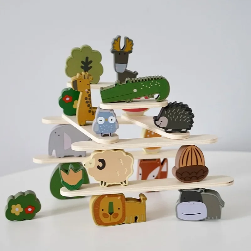 Wooden Balance Blocks Toys for Children Animal Dinosaur Building Stacking High - £28.68 GBP
