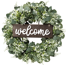 Artificial Eucalyptus Wreath 16 Inch with Welcome Sign Green Eucalyptus Leaf Wre - £24.16 GBP