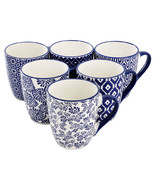 Elama Declan 6 Piece 12 Ounce Assorted Design Stoneware Mug Set in Blue ... - $97.70 CAD
