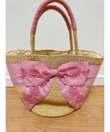 TOCCA Beige Straw Tote Bag with Big Pink Ribbon Embroidery Accent MBb0780 - $120.76 CAD