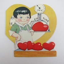 Vintage Valentine Boy Butcher Weigh Scale Red Hearts Die Cut  Bifold Win... - $7.99