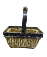 Woven Wood Basket Metal Engraved Rope Weave Pattern Top Handle Cottagecore - $34.65