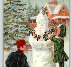 Santa Claus Snowman Postcard Girl Decorating Snow Shovel Embossed 1906 IPCN - £28.79 GBP
