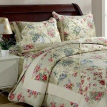 3pc. Lovely Flower Print Queen Patchwork Quilt Cotton Bedspread Bedding Set - £179.27 GBP