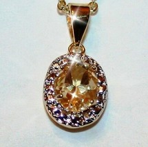 Natural Oval Citrine Tiny Diamond Pendant Necklace 14k Yellow Gold over ... - $46.54