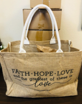 Jute Large Tote, &quot;Faith-Hope-Love&quot;, 16.5&quot;x12.5&quot;, New - £22.93 GBP