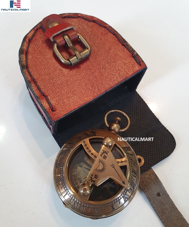 Brass Sundial Compass with Leather Case - Push Open Mechanism Vintage Steampunk  Item image 2