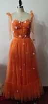 Spaghetti Tea Length Tulle Custom Made Applique Orange Bridesmaid Dress - £78.15 GBP