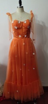 Spaghetti Tea Length Tulle Custom Made Applique Orange Bridesmaid Dress - £77.19 GBP