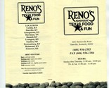 Reno&#39;s Roadhouse Menu Texas Food &amp; Fun Hustonville Road Danville Kentucky  - $17.80