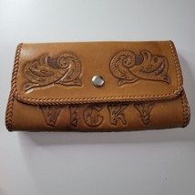 Leather Wallet Etched Vicky Brown Flowers Bird Snap Stitched Edge 9 Inches Wide - £21.60 GBP