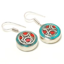 Red Coral Turquoise Handmade Drop Dangle Jewelry Earrings Nepali 1.40&quot; SA 3342 - £6.22 GBP