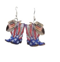 Fun Western Boots/Hat Earrings Red White Blue Flag Design Dangles French Wire - £11.68 GBP