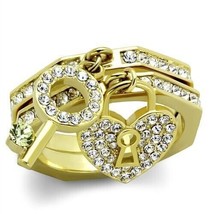 Round Pave Citrine Yellow Crystal Lock Key Charms Gold Plated Cocktail Ring Set - £63.19 GBP