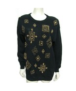 Vintage New Black Knit Sweater M Trimmings Beaded Geometric Gold  8 10 U... - $25.74