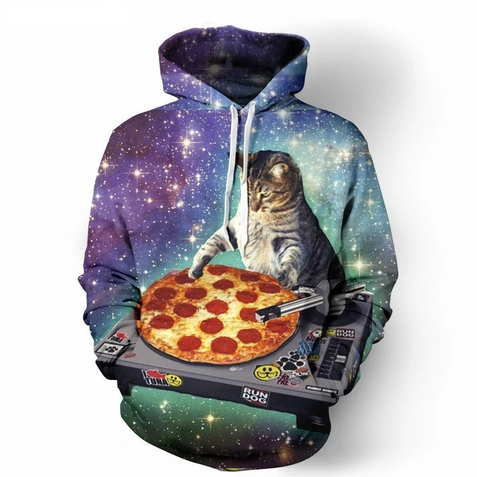 DJ Cat Hoodie Men 3D Printed Pizza Space Galaxy Hoodie  Pullover wear Trauit Men - £137.66 GBP