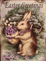 Victorian Design Easter Rabbit Bunny Tin Sign Purple Flowers Glitter 12&quot; X 9&quot; - £27.85 GBP