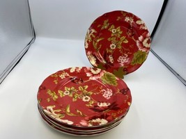 222 Fifth Summer Botanical / Lutece Fleur Rouge Salad Plates Red Set of 5 - £63.94 GBP