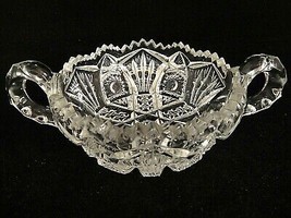 Vintage Cut Glass Two Handled Nut Candy Dish Sawtooth Hobstar Broom Hobnail - £9.41 GBP