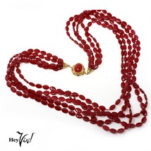 Vintage 5 Strand Translucent Red Bead Necklace w Ornate Clap - 30&quot; long ... - £20.37 GBP