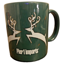 Pier 1 Imports Green Christmas Coffee Mug  Reindeer Gold Trim 12oz Collector - £13.21 GBP