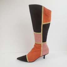 Vintage 90s Mod Suede Leather Patchwork Boots Brown Pink Orange Kitten H... - £144.27 GBP