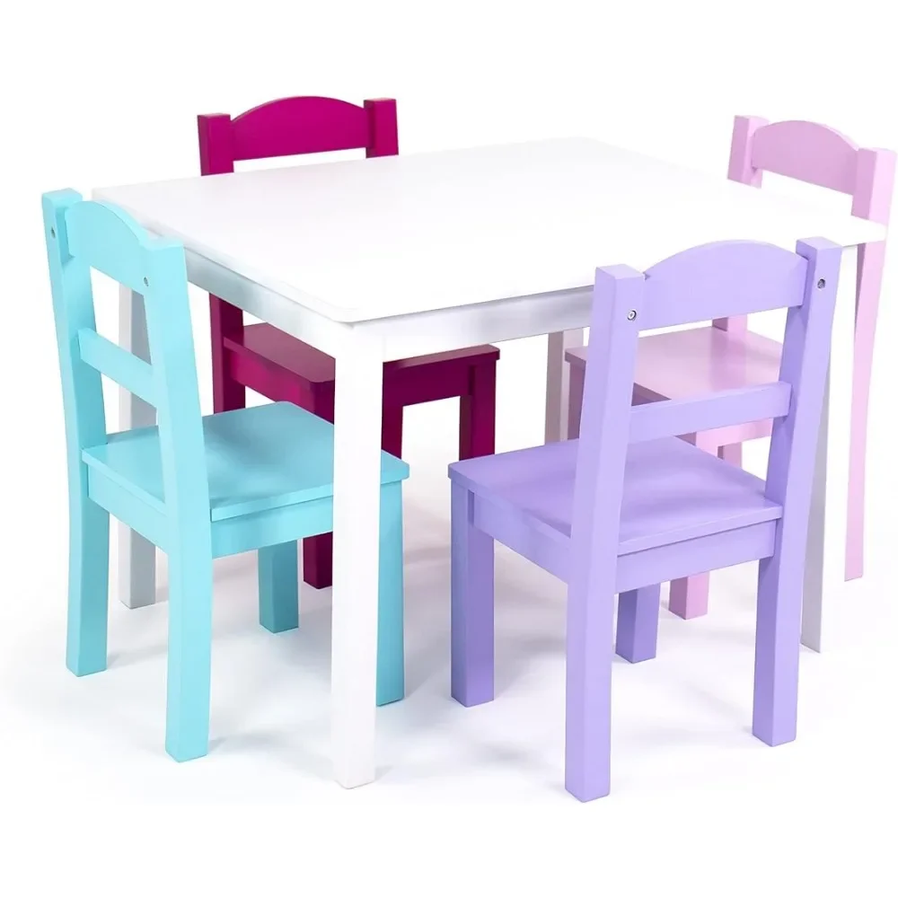 Tot Tutors Wood Table &amp; 4 Chairs Set-White Child Table With Chair Pink - $146.57