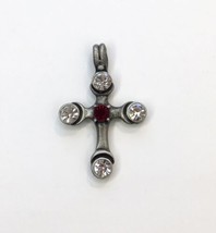 Sparkling Crucifix Pendant Red &amp; White Colorless Rhinestone &amp; Silver Ton... - £11.80 GBP