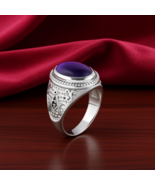 Sterling Silver Masonic Statement Ring with Oval Amethyst Cabochon Gemstone - $149.99
