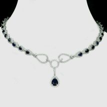 30CT Blue Sapphire &amp; Simulated Diamond Drop Necklace  925 Silver Gold Plated - £224.21 GBP